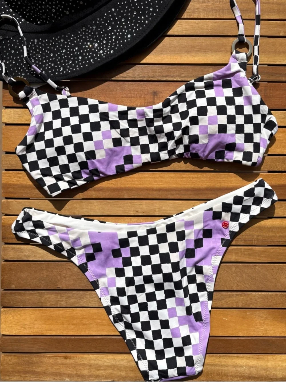 XSMALL NWT RED CARTER - GRACE CHECK ME OUT BIKINI SWIMSUIT BLACK WHITE LILAC